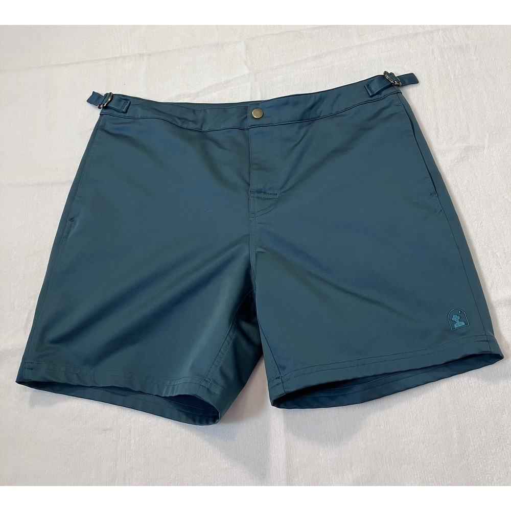 Dandy Del Mar Men Teal Resort Swim Shorts Side Cinch Adjusters Gold Tabs 32 Gym